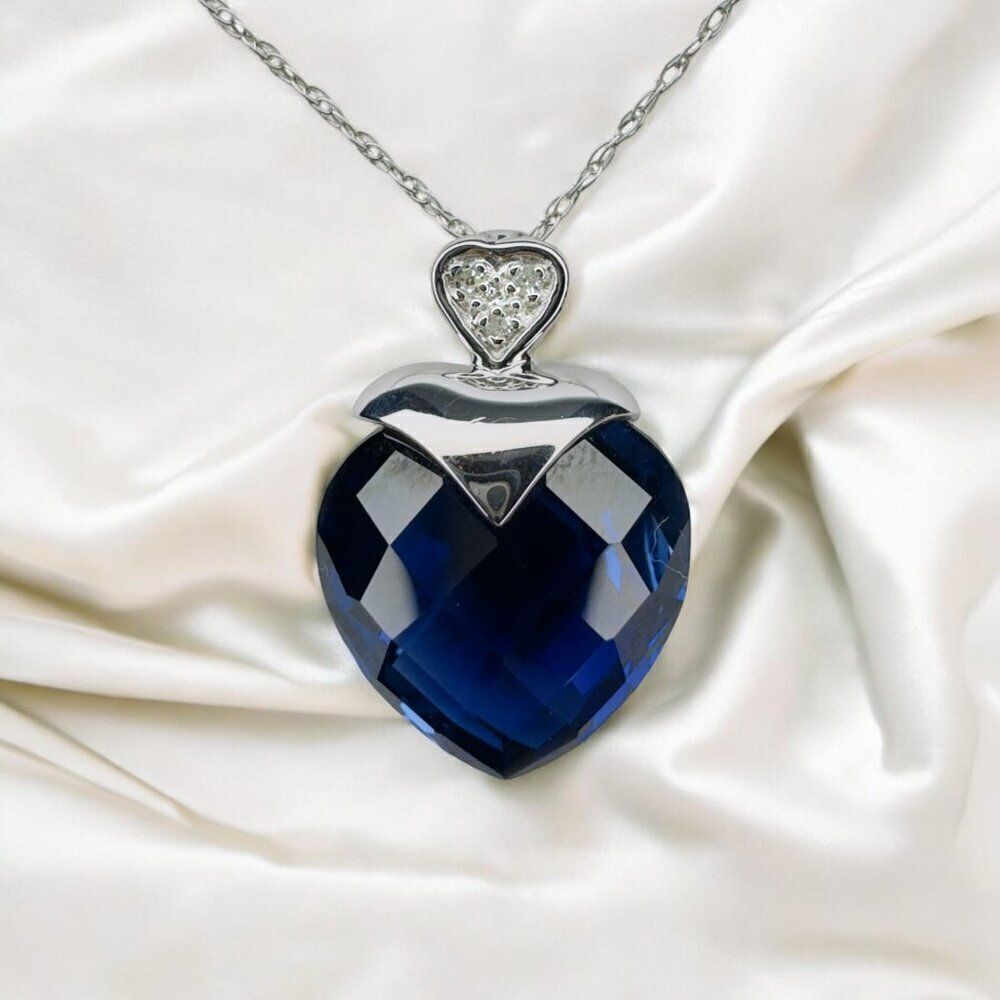 10K White Gold- Sapphire & Diamond Necklace -18" BIG -19mm Heart Briolette -3g